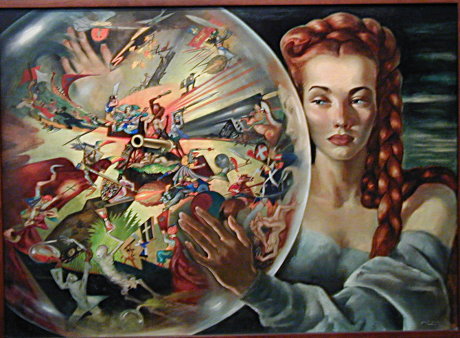 World War I era art showing lady holding a mirrored ball