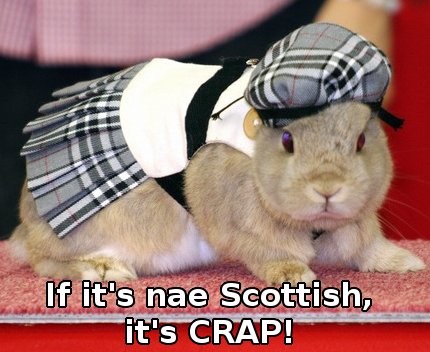 bunny in kilt, caption 'If it's nae Scottish, IT'S CRAP!' 