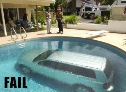 FAIL: minivan driven into swimming pool