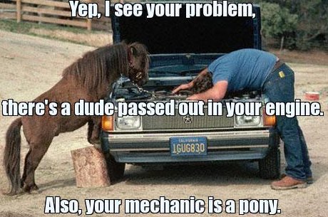 there's a dude passed out on your engine.  Also, your mechanic is a pony.