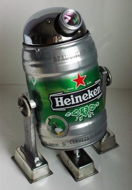 Heineken can with additional metal bits on it that make it look like R2-D2