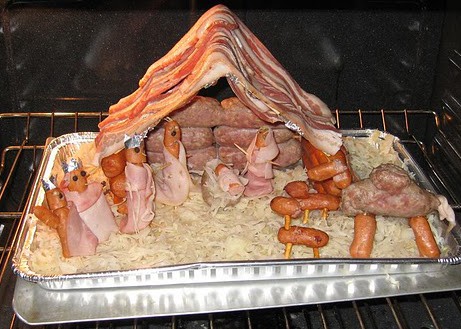 peace on Earth, PLUS BACON! Nativity scene made entirely out of pork products, including bacon