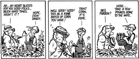 the REAL dopes are in the House and Senate old Bloom County cartoon where Senator Bedfellow talks to a dope farmer, who says, 'Take a few pounds home to the wife'.