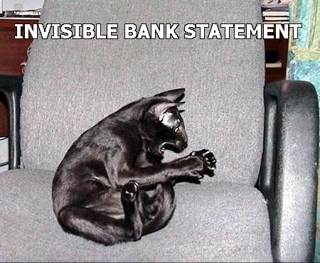 WHAT IS THIS I DON'T EVEN black cat looking annoyed, caption 'Invisible Bank Statement'