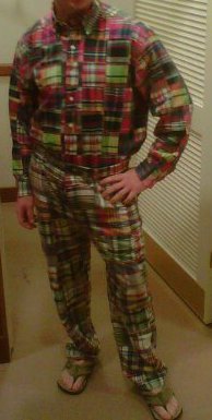 AAAAAH! My eyes! Clint wearing clothes that'd take the Grand Prize at Ugly Pants Night