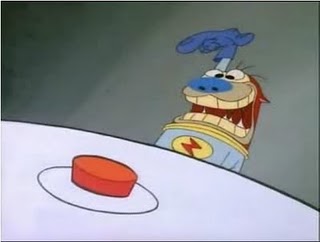 NO I CAN'T!!1!! *ZORCH* Stimpy pressing the shiny, jolly, candy-like Universe Destruction Button