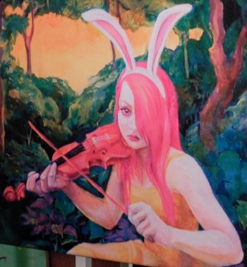 what are YOU looking at? girl with bunny ears playing the violin