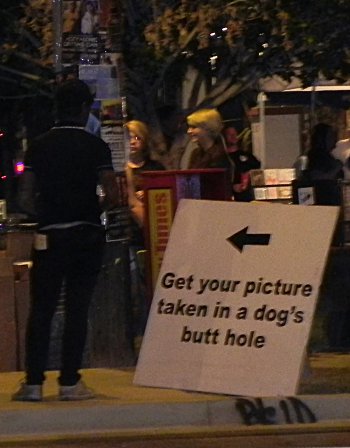 Sign saying 'get your picture taken in a dog's butthole'
