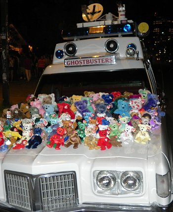 The Phoenix Ghostbusters's Ecto-1 replica car, with Beanie Babies all over its hood