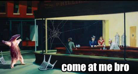 Parody of 'Nighthawks at the Diner' with an anteater saying 'Come at me bro'