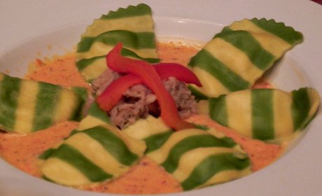 striped pasta seafood ravioli at the Brass Cafe in Mt. Pleasant
