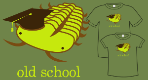 trilobite with mortarboard cap, caption 'old school'