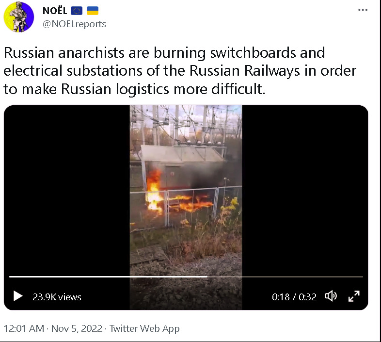 Russian anarchists are burning switchboards and electrical substations of the Russian railways in order to make Russian logistics more difficult