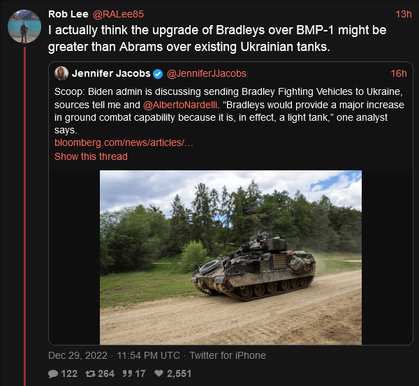 Rob Lee: I actually think the upgrade of Bradleys over BMP-1 might be greater than Abrams over existing Ukrainian tanks.