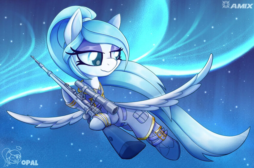 A flying pony with a rifle.