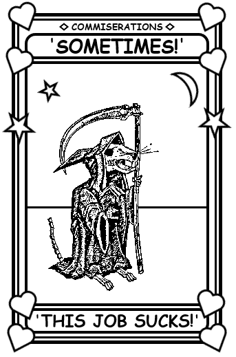 Coloring book page where the Death of Rats says, 'Sometimes this job sucks.'