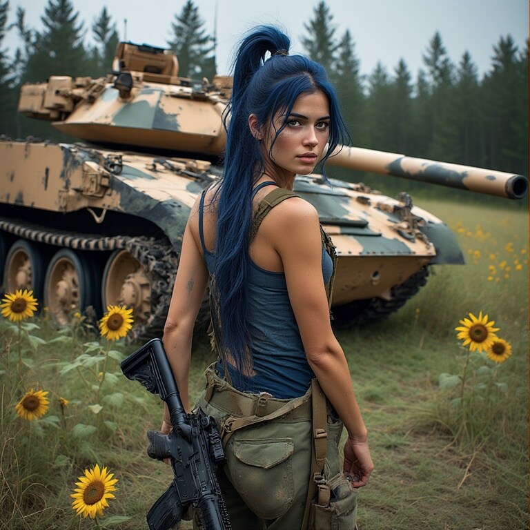 Is tank?  Is girl!  And sunflowers.