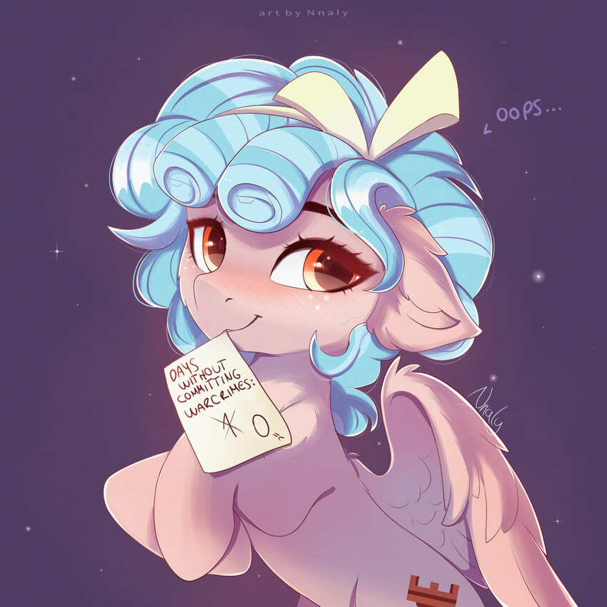 Pony with a paper saying 'Days without committing war crimes: 1 (oops) 0.'