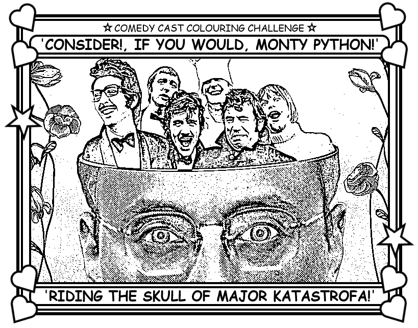 Coloring book page about Monty Python riding the skull of Major Katastropha.
