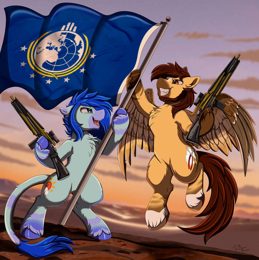 Ponies with rifles and a UN flag.