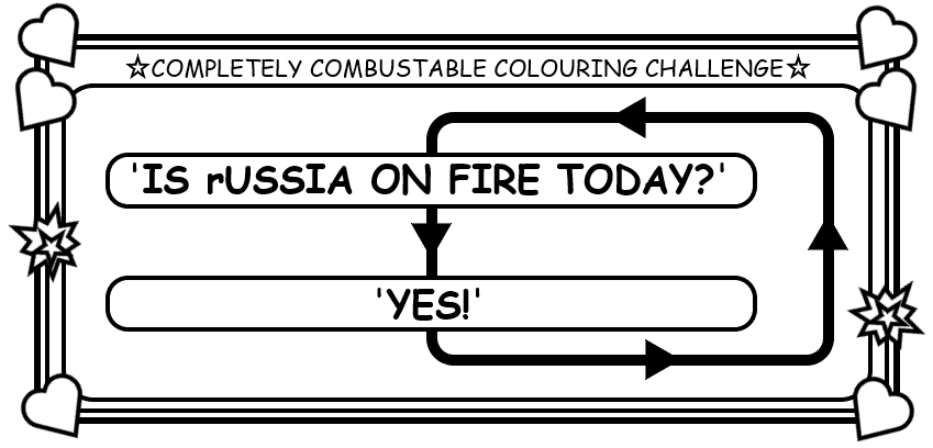 Coloring book page where Russia is on fire.