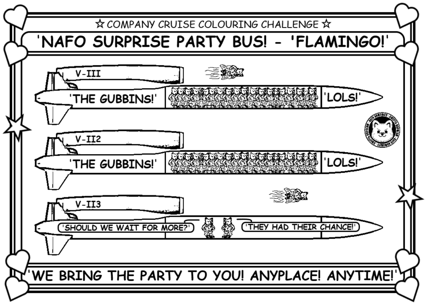 Coloring book page where NAFO fellas stock Flamingo missiles.