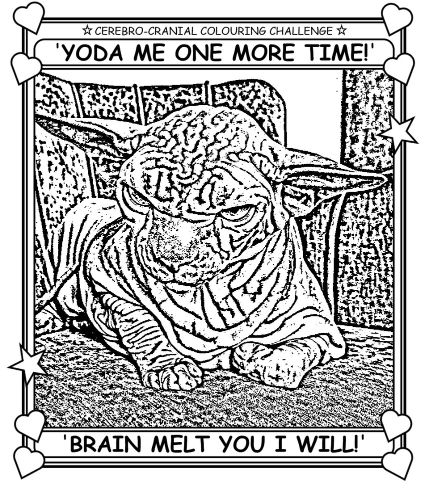 Coloring book page where a Sphinx cat channels Yoda.