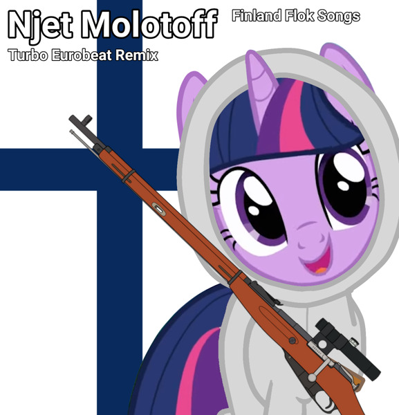 A pony with a Finnish flag and a rifle.