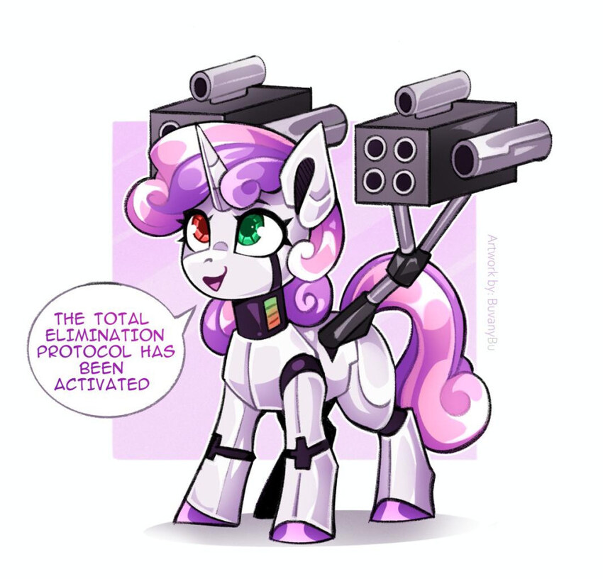 A white cyborg pony with missile launchers says, 'The total elimination protocol has been activated.