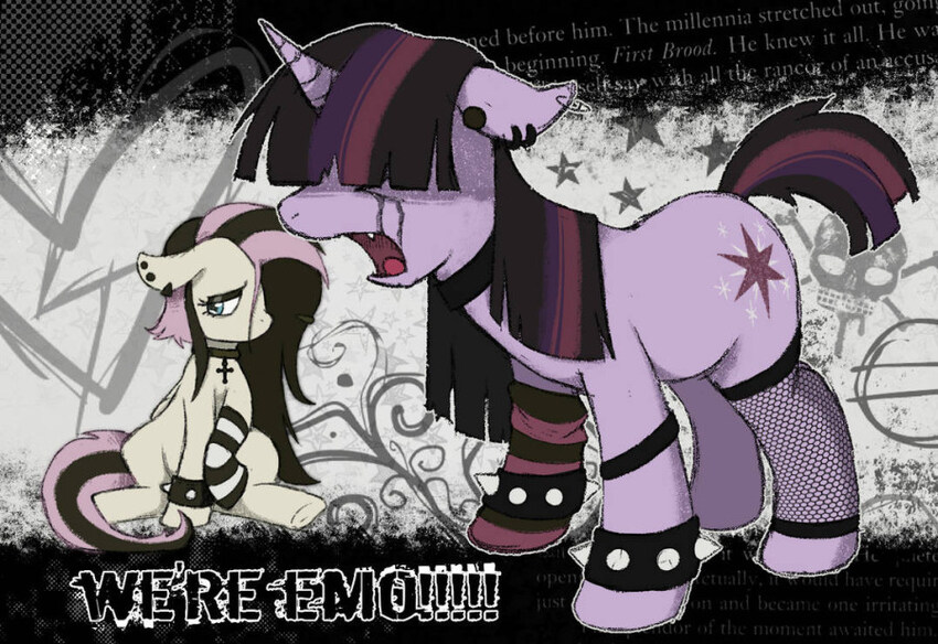 A pony yells, 'We're EMO!' at another pony.