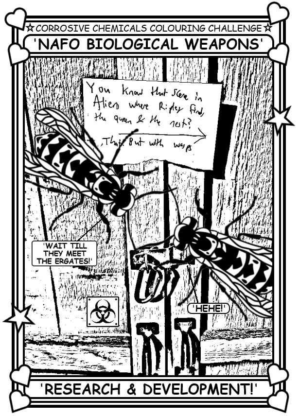 Coloring book page about the scene from Aliens where Ripley finds the queen and the nest? Like that, but with wasps.