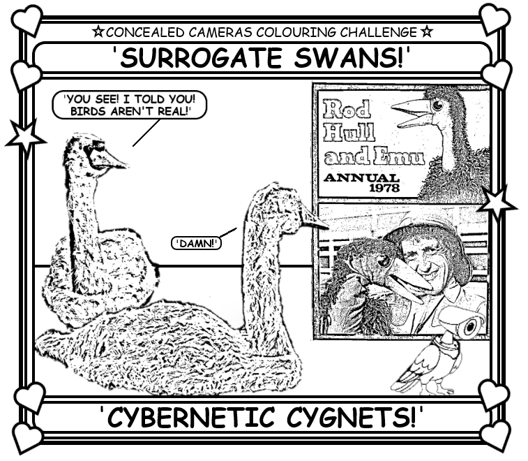 Coloring book page about cybernetic cygnets.