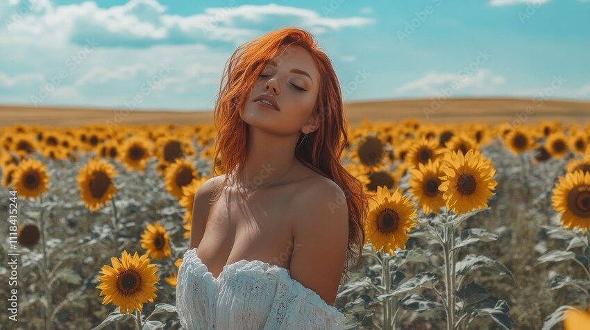 A cute redheaded woman in a field of sunflowers.
