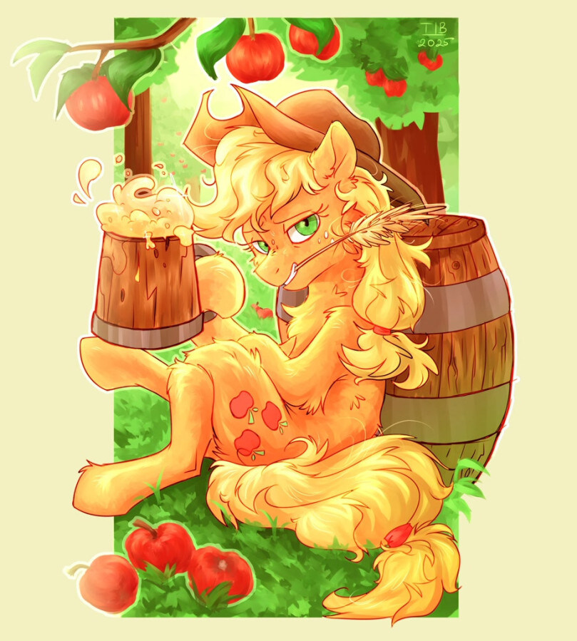 A pony lounges and drinks apple cider.