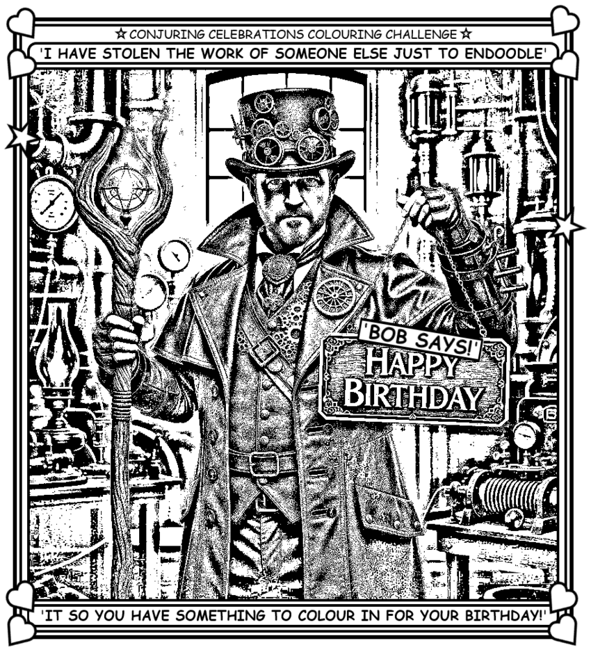 Coloring book page where a steampunk guy says Happy Birthday.