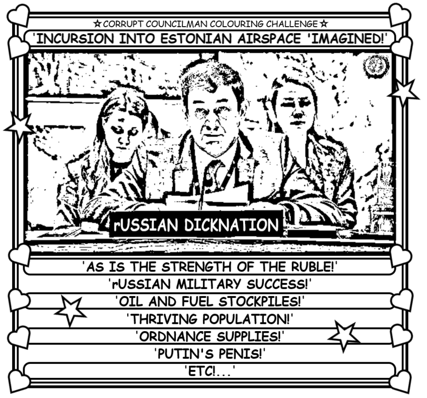 Coloring book page where Russia says their planes in Estonian airspace was 'imagined'.