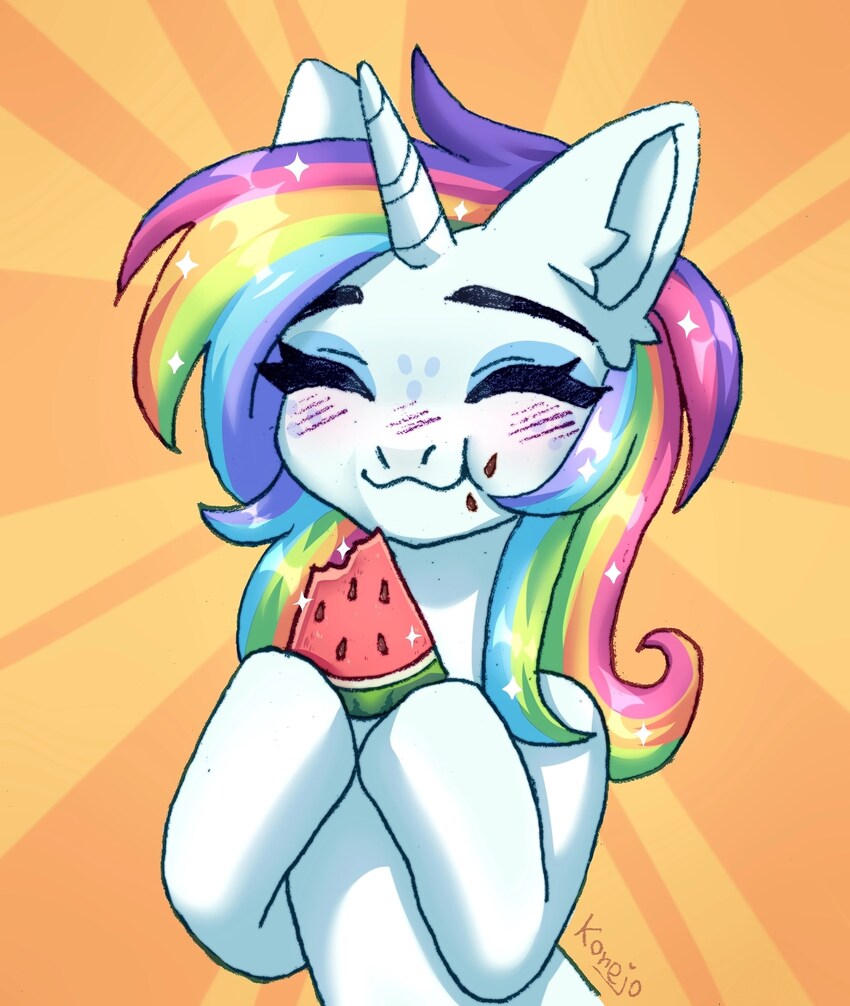 A pony eats watermelon.