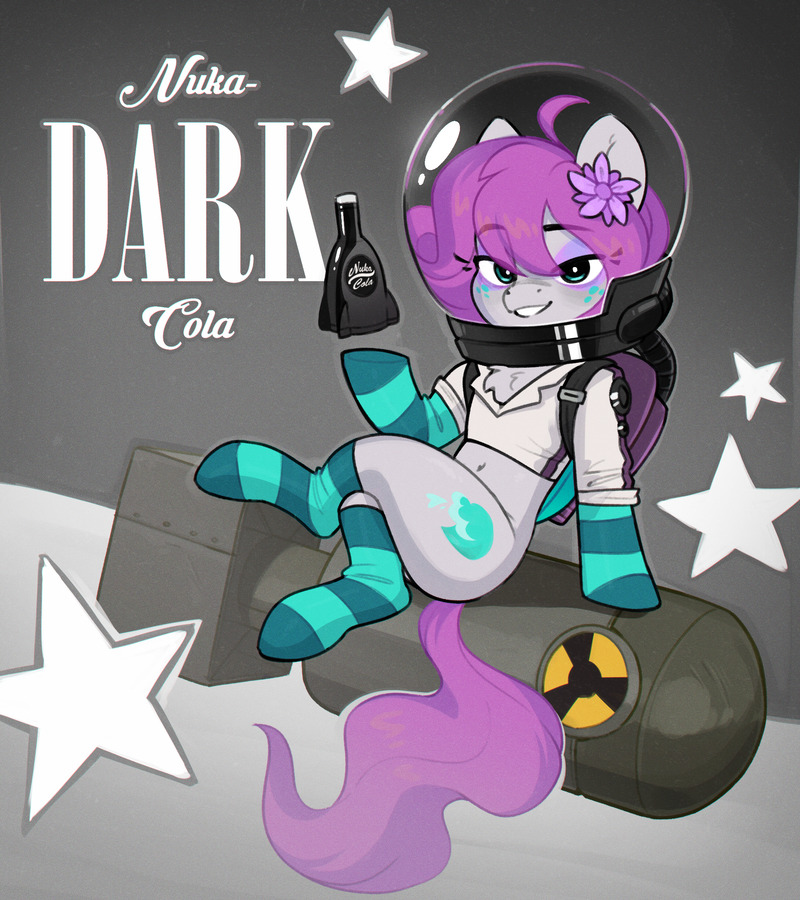 Pony in space suit holds Nuka Dark Cola on a 1950s poster.