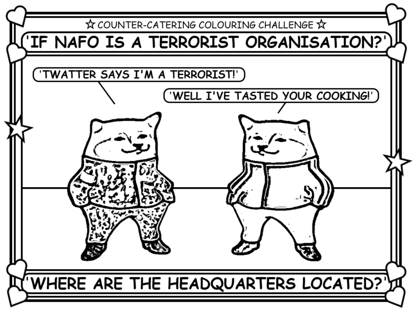 Coloring book page where Twitter accuses NAFO of terrorism (yes, this actually happened.)