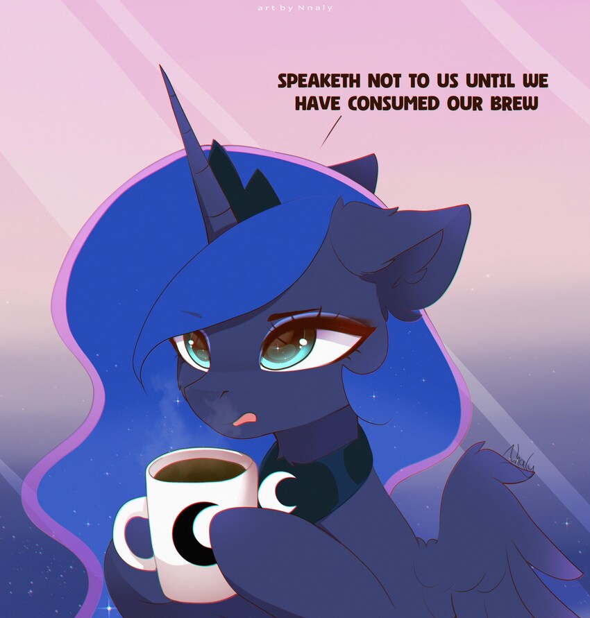Dark pony says, 'Speaketh not to us until we have consumed our brew.'