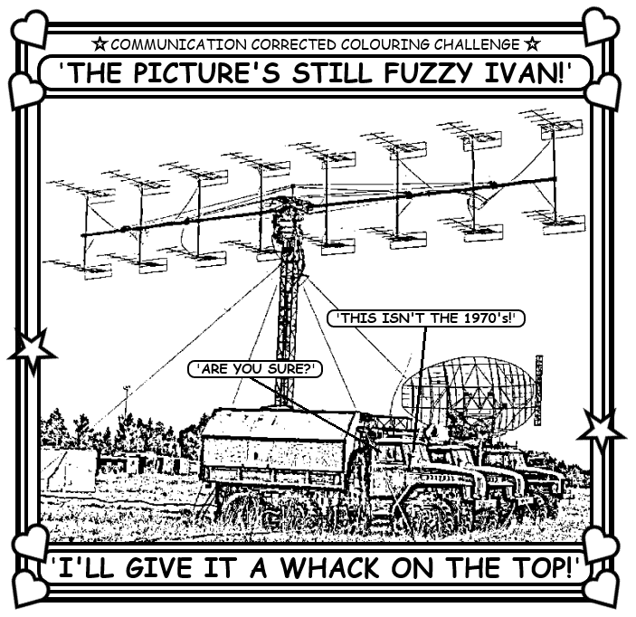 Coloring book page about radar trucks.