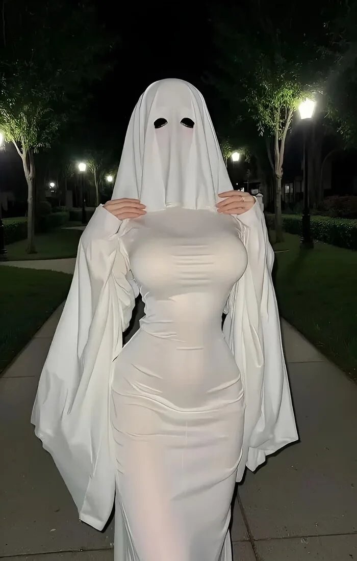 A cute women in a ghost costume that seems designed to emphasize her... boo-bees.