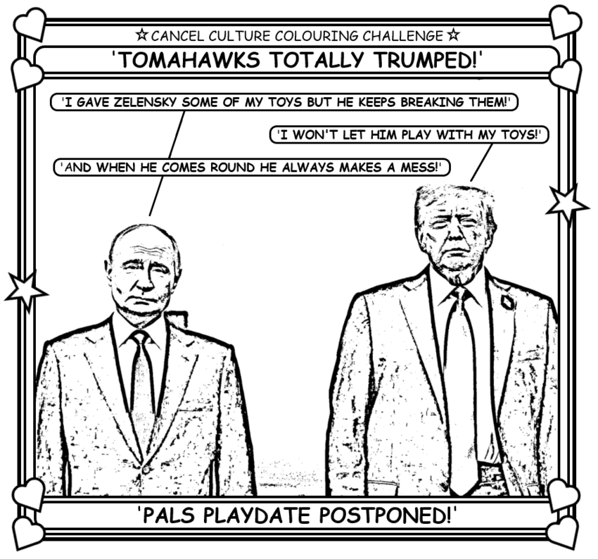 Coloring book page about the Trump-Putin meeting being postponed.