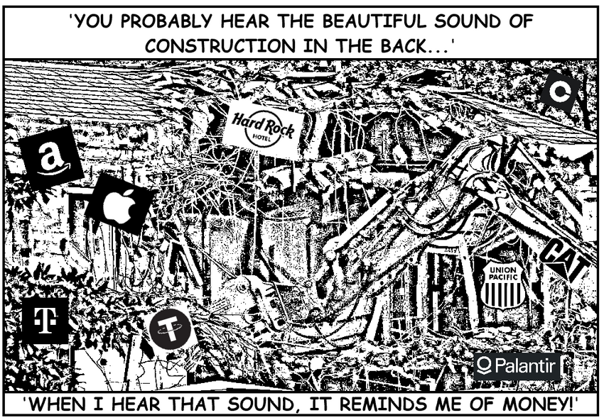 Coloring book page where contributors stick their logos on the White House.