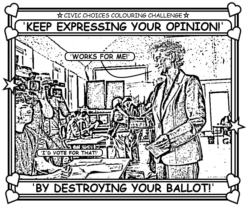 Coloring book page about conservative voters deliberately spoiling their ballots ('That's just fine with me.')