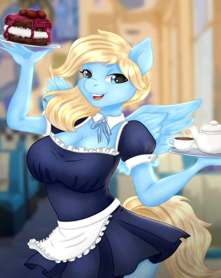 A voluptuous blue pony with cake and coffee.