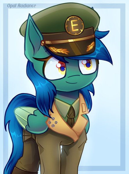 A pony with blue hair in a naval uniform.