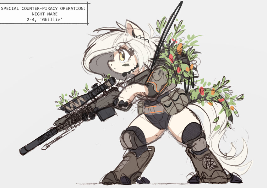 A white pony with a sniper rifle and a ghillie suit.