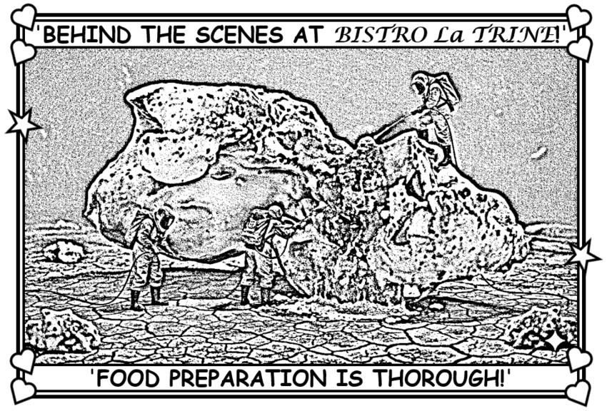 Coloring book page about Bistro La Trine, showing dodgy food.