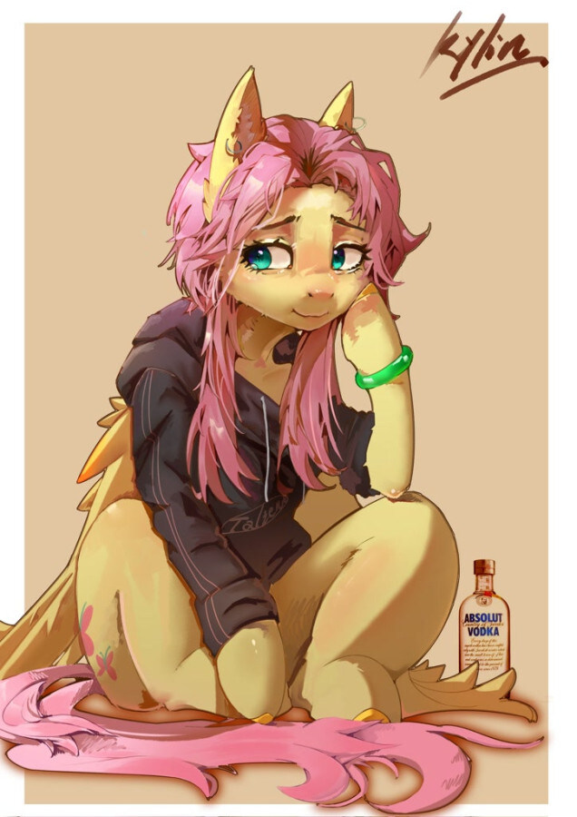 A pony sits with a bottle of vodka.